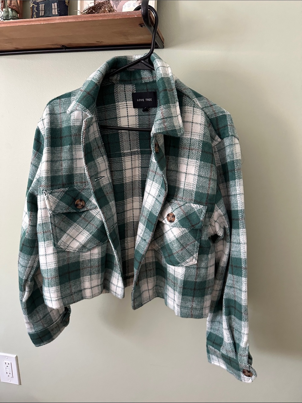 Love Tree Green and White Plaid Cropped Teddy Jacket
